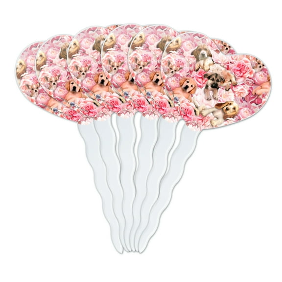 Puppies Dogs Pink Flowers Pattern Heart Love Cupcake Picks Toppers Decoration Set of 6