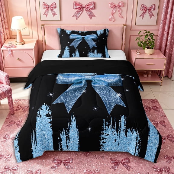 Meiyoeat Glitter Blue Bow Twin Comforter Sets 2pcs, Sparkle Print Bedding Set, Blue Black,Black Reversible