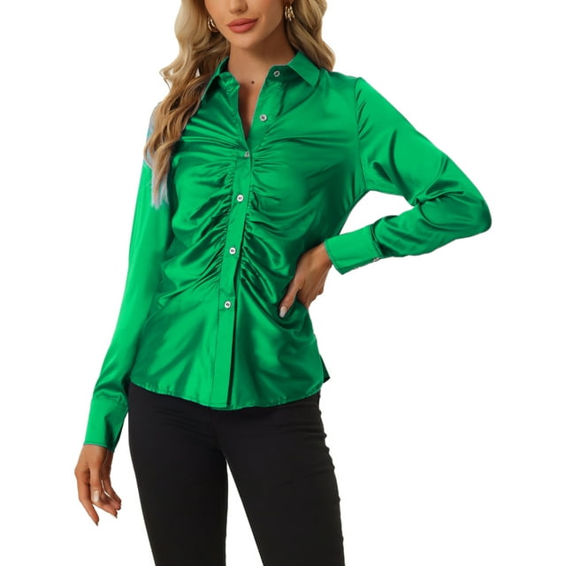 INSPIRE CHIC Blouse en Satin pour Femmes Manches Longues Mode Col Pointu Chemise à Boutons m Vert