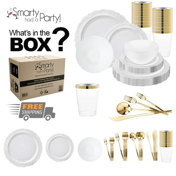 Smarty White Vintage Disposable Plastic Tableware Set (60 Guests)