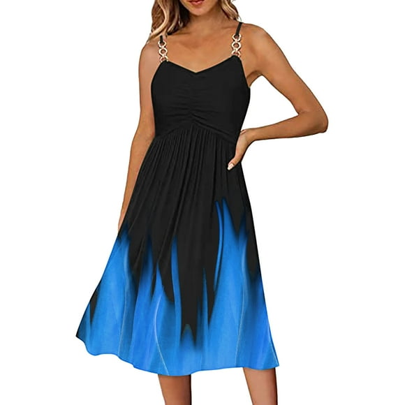 snowsong Summer Dress,Sundresses for Women Summer Dresses Printing Sleeveless V Neck Spaghetti Strap A Line Fashion Sundresses Casual Dress Beach Dress,Casual Dresses,Sexy Dresses Blue Dress XXL