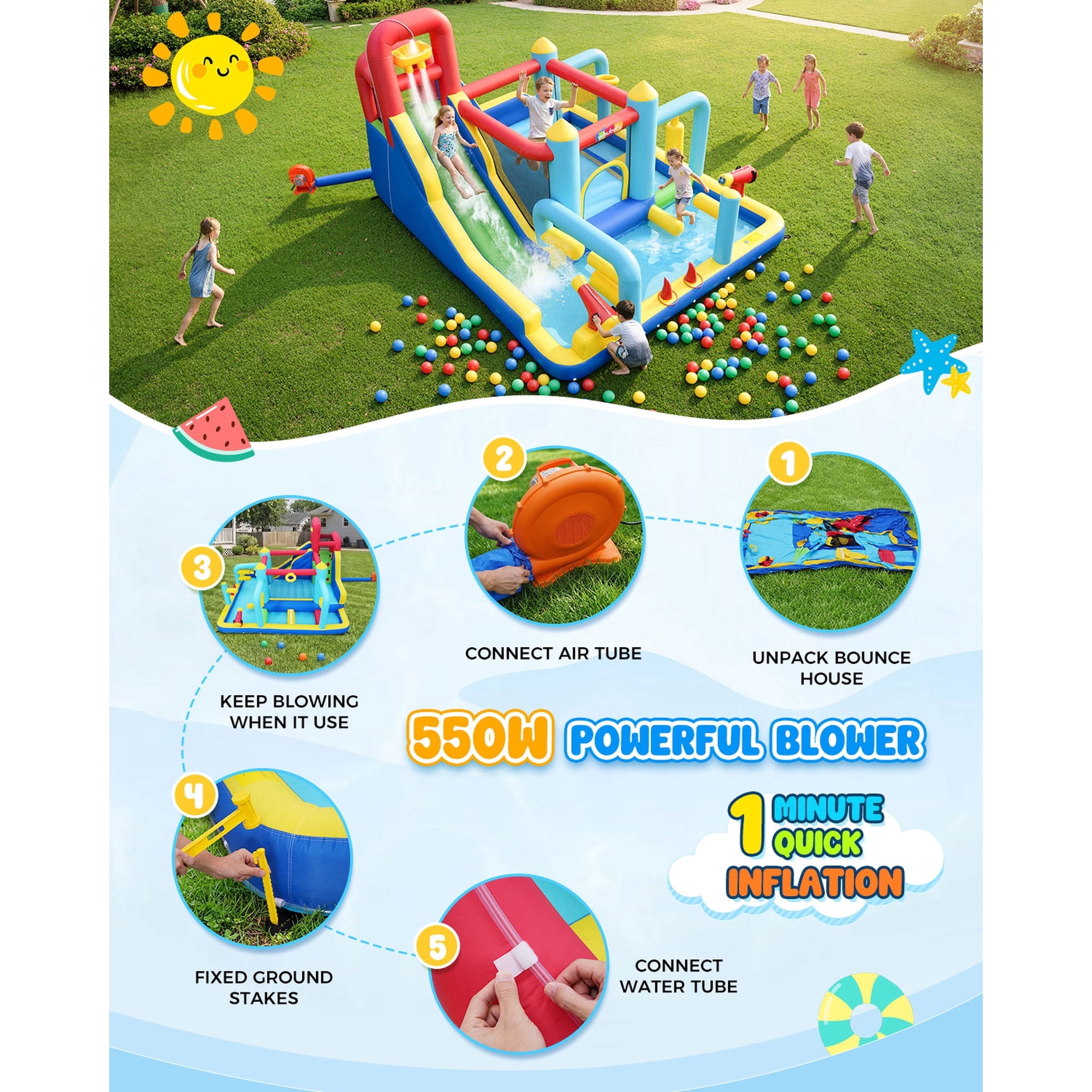 Inflatable Water Slide Bounce House with 550W Blower, Obstacle Bouncy House for kids 3~10, Indoor Outdoor Water Park with Long Water Slide, Junping Area, Water Cannon, Basketball Hoop