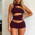 thumbnail image 2 of Womens Ribbed Cutout Tank Top and Shorts Set, Solid Color Slim Fit 2-Piece Outfit, Hollow Out Streetwear Matching Set for Casual Summer Party, 2 of 5