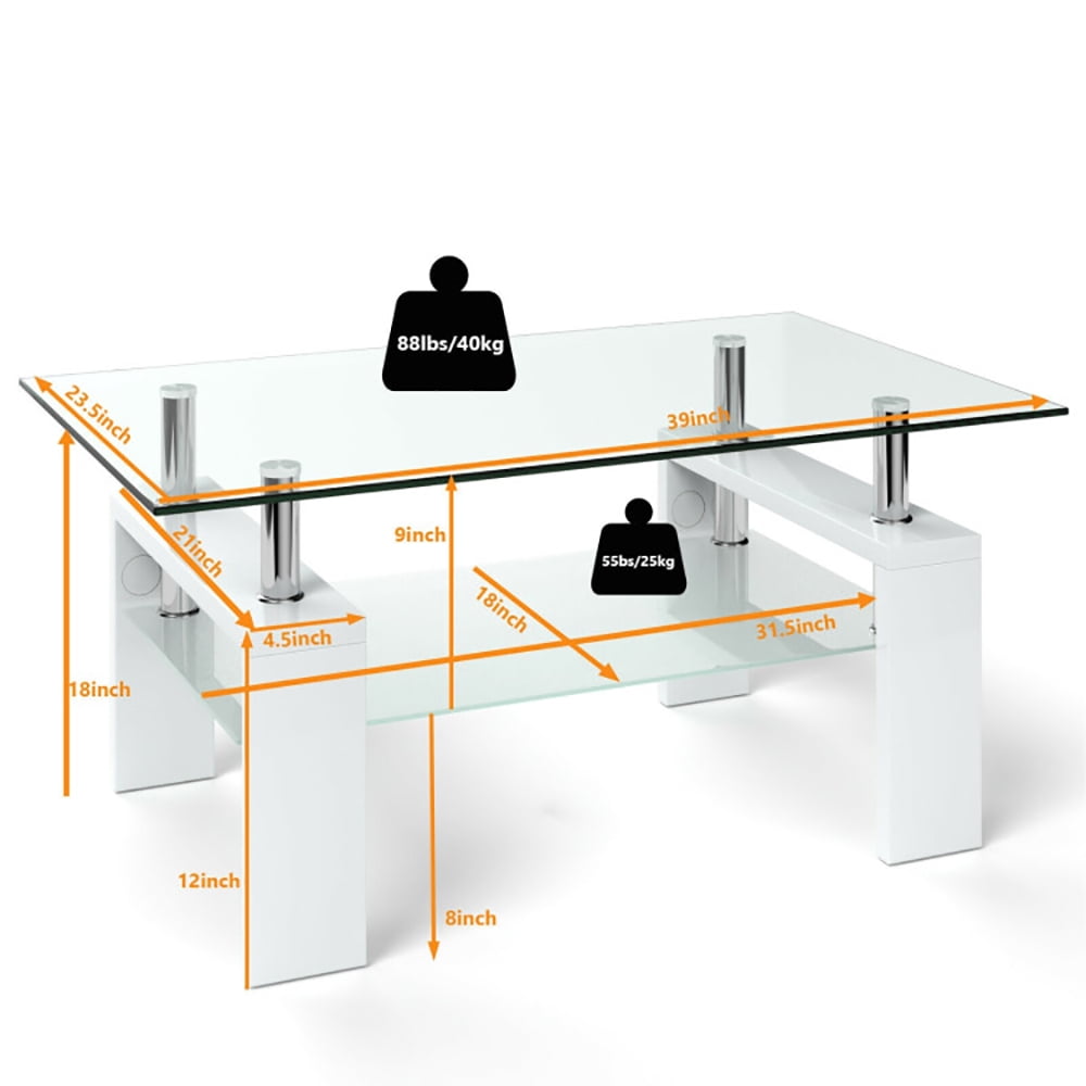 Finihen Glass Coffee Table, Rectangular Coffee Table, Rectangular Tempered Glass Coffee Table End Side Table with Shelf, for Living Room, Reception Room, White Finihen Glass Coffee Table, Rectangular Coffee Table, Rectangular Tempered Glass Coffee Table End Side Table with Shelf, for Living Room, Reception Room, White