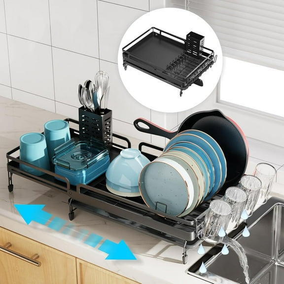 Large Dish Drying Rack - Expandable Dish Rack for Kitchen Counter, Rustproof Dish Drainer with Pan Slots, Cup Holders, （16.5" to 24.4"） L, Black