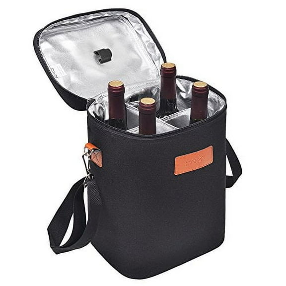 Tirrinia 4 Bottle Wine Gift Tote Carrier - Leakproof & Insulated Padded Versatile Wine Cooler Bag for Travel, BYOB Restaurant, Wine Tasting, Party, Dinner, Wine Accessories for Wine Lovers, Black