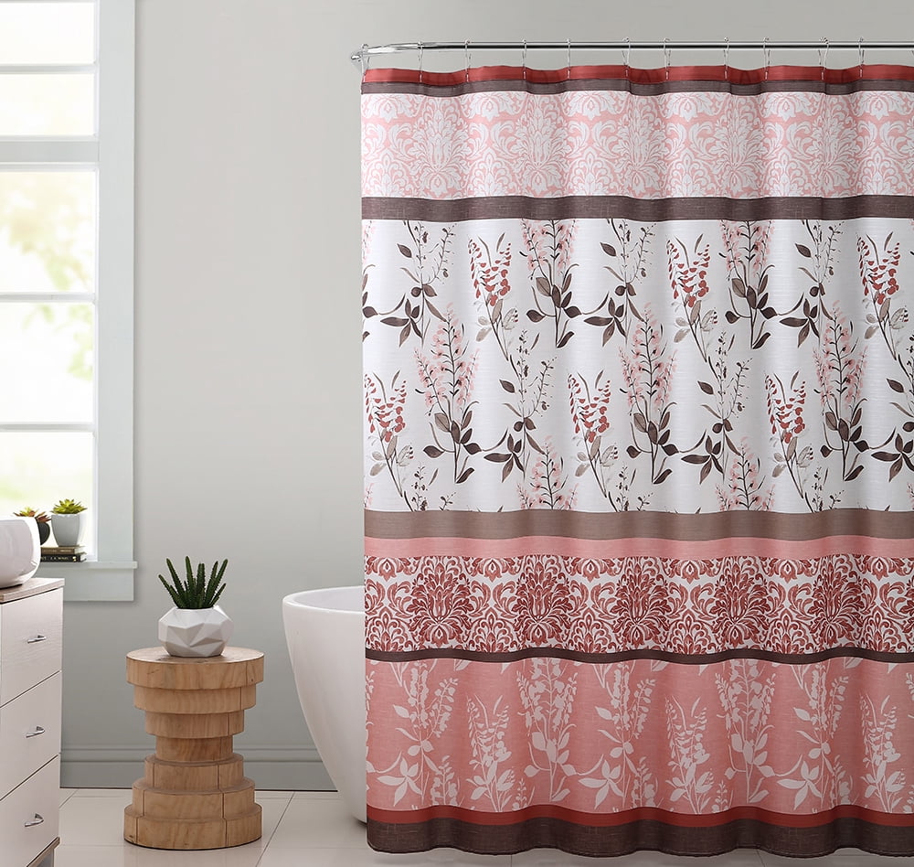 Coral, Brown and White Fabric Shower Curtain with Printed Floral and