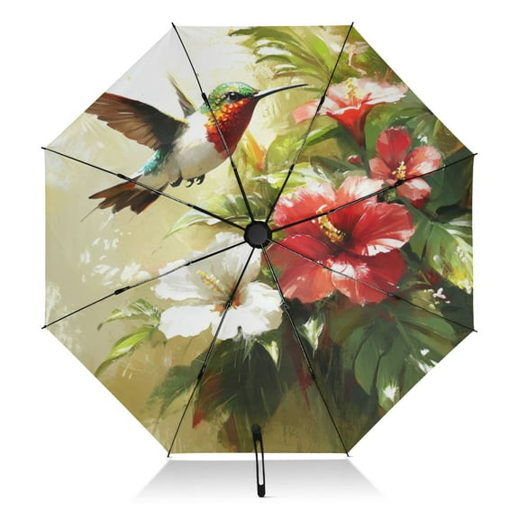 Hummingbird and Hibiscus Extra Large Automatic Umbrella, UV Protection, Waterproof, Auto Open and Close