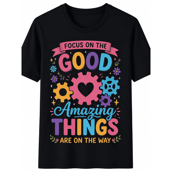 Positive Graphic T-Shirt for Women Men, Inspirational Quote Tee with Colorful Gear Design, Casual Short Sleeve Crew Neck Shirt, Trendy Everyday Wear