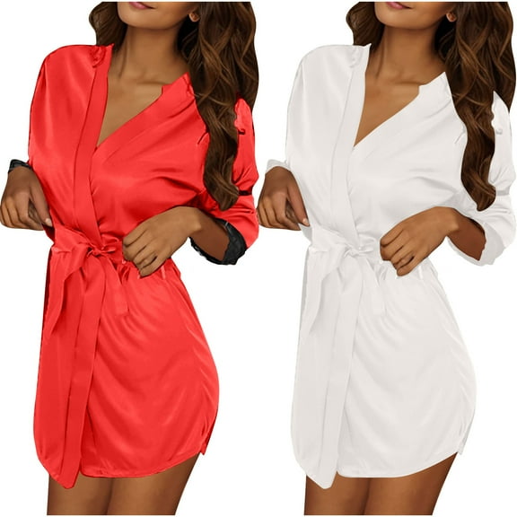 2pcs Women Silk Nightwear Satin Bath Robes Long Lightweight Knee Length Loungewear Kimono Style Towelling Bath Robes with Belt Soft Comfortable Loungewear White Red Free Size