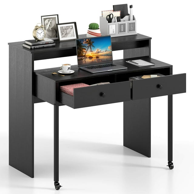 Costway 39.5" Expandable Rolling Computer Desk with Monitor Shelf 2-tier Desktop 2 Drawers Black