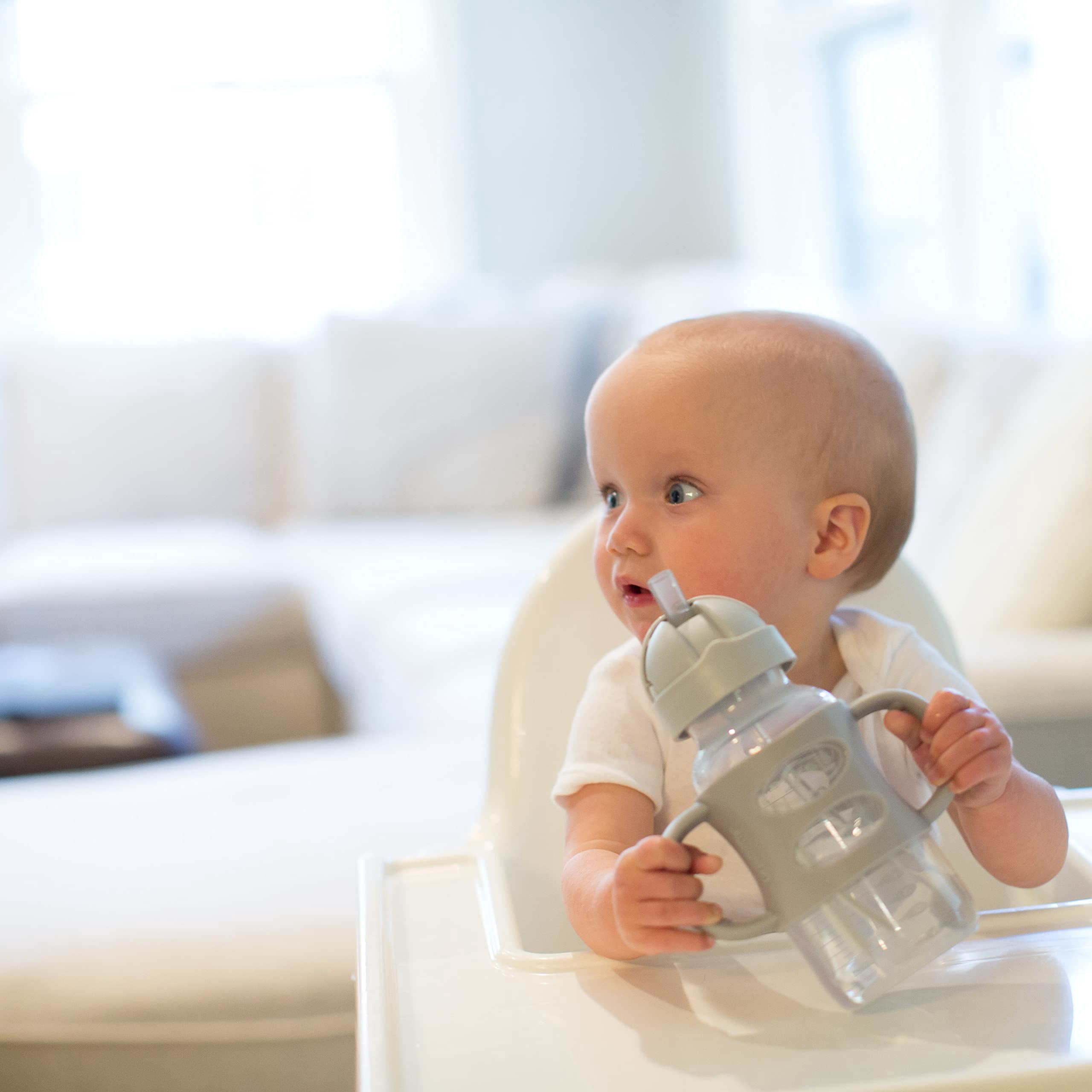 Dr. Brown's Milestones Wide-Neck Sippy Straw Bottle with Handles, 9oz/270ml, Gray/Green, 6m+, 2 Pack