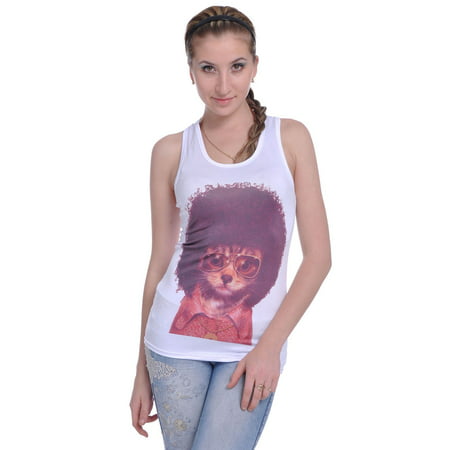 S/M Fit White 1970s Disco Inferno Big Afro Cat Front Print Tank Top