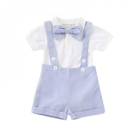 

Summer Boy s Short Sleeve Bow Tie Gentleman s Khaki + Suspender Suit