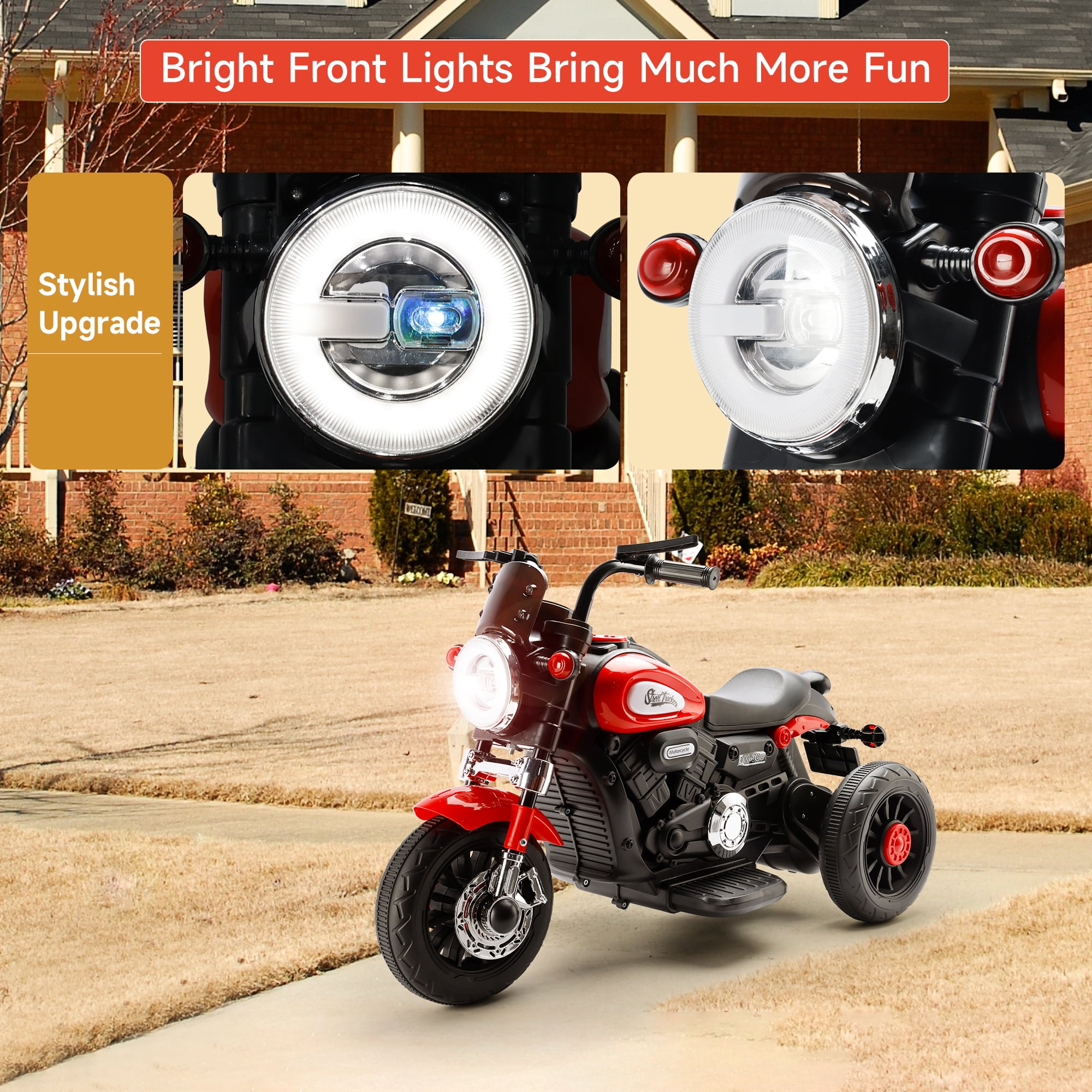 Bruce&Shark Kids Electric Motorcycle Ride-on Toy with Headlights, 3 Wheels Dual Motor Car for Children Boys Girls Red