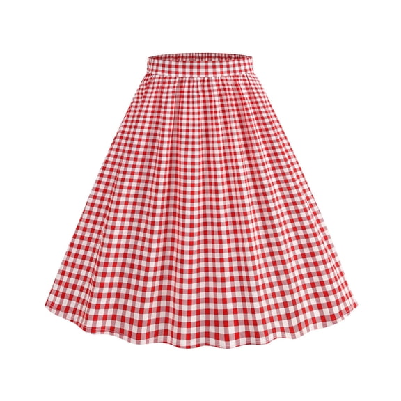 qelini Plaid Midi Skirt for Women Mid-Length Skirt High Waist A-line Skirt Vintage Color Block 1950s Skirt