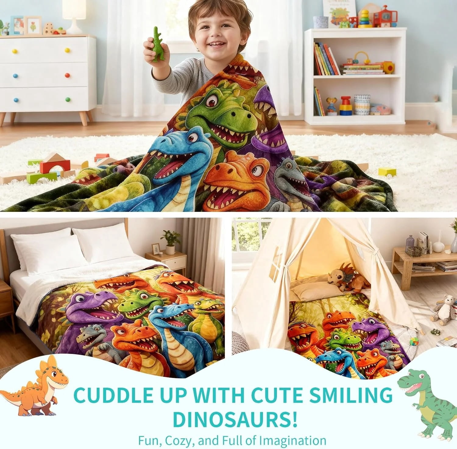 3D Dinosaur Blanket for Boys Girls 3D Dinosaur Throw Dino Blanket for Toddler Boys Kids Cute Smiling Dinosaurs HD Digital Print Flannel Ultra Soft Lightweight All Season