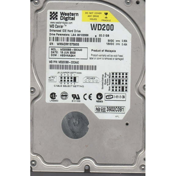 WD200BB-00CAA0, DCM HSEHNA2AH, Western Digital 20GB IDE 3.5 Hard Drive