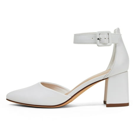 Pointed Toe 2.5 inch Low Block Chunky Heels for Women Closed Toe Pumps with Ankle Strap Dress Comfortable Shoes for Daily Work Office Homecoming