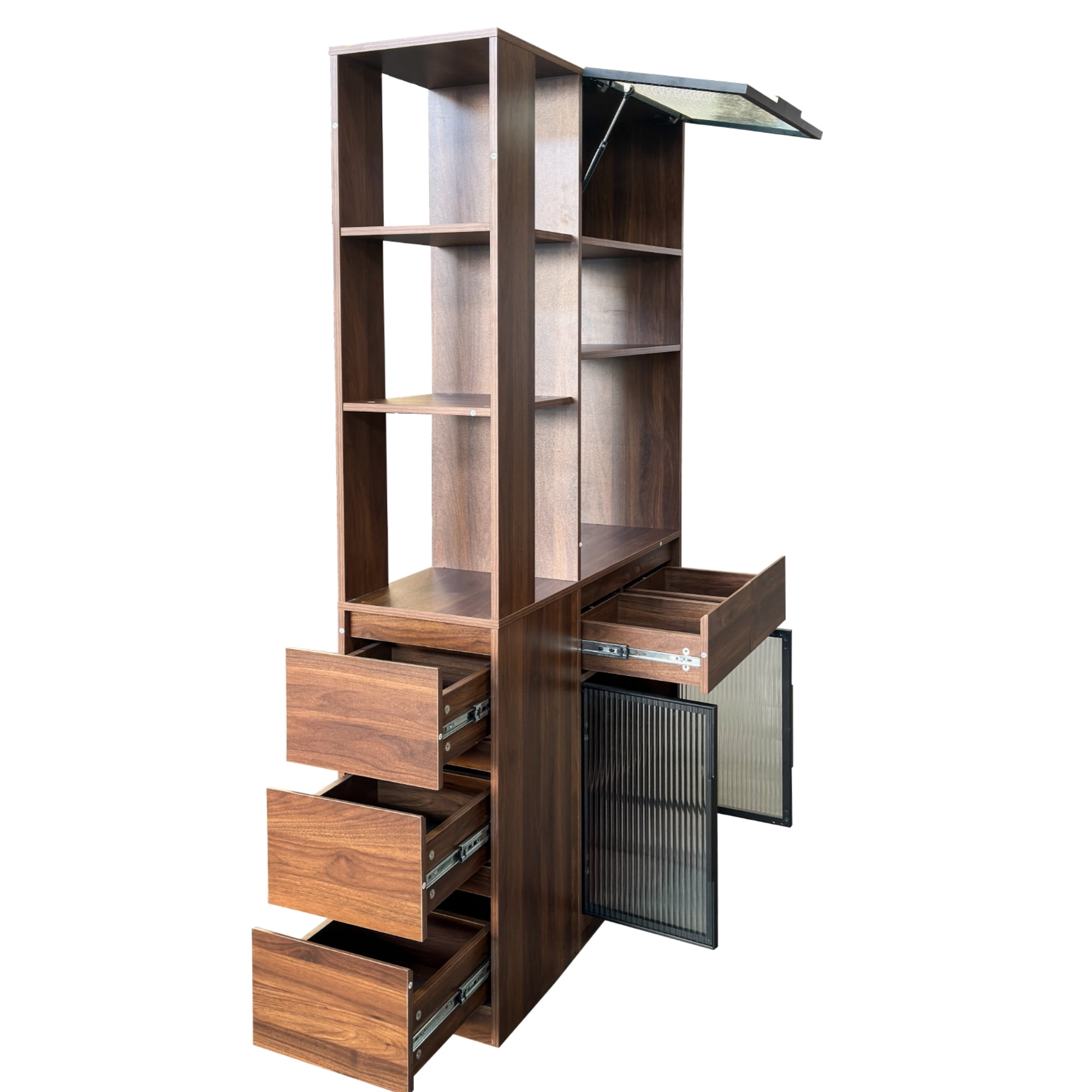 Mintazer 70.8" Tall Kitchen Pantry Storage Cabinet, Freestanding Food Pantry with Drawers & Fluted Glass Doors for Hallway Living Room, Walnut