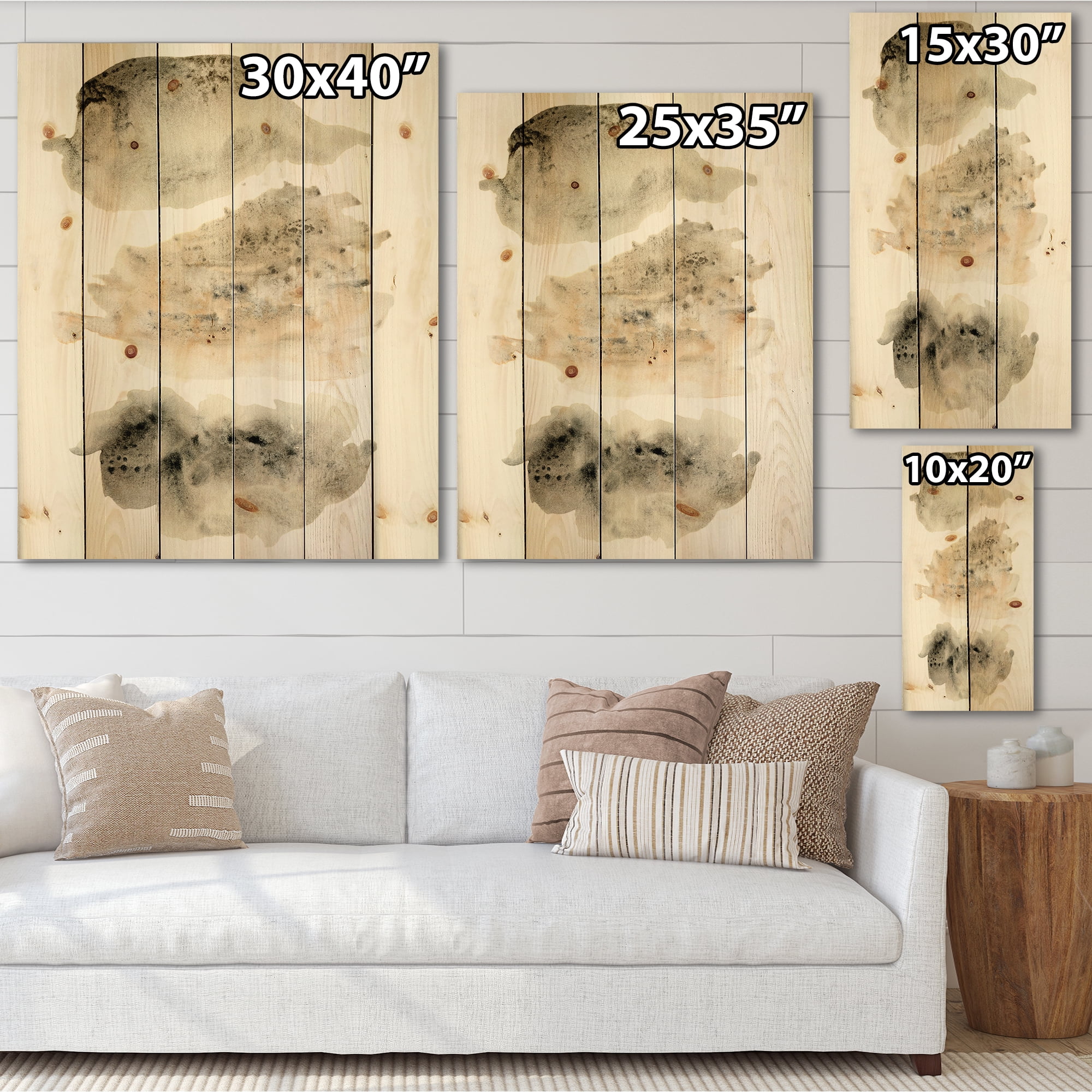 Designart 'Golden Beige and Grey Clouds I' Modern Print on Natural Pine Wood