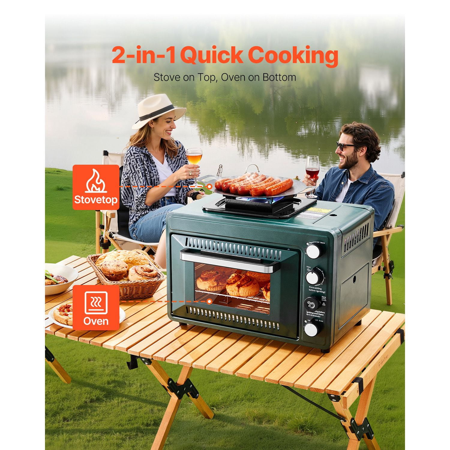 2-in-1 convenient gases Camping Stove Oven Combo, Adjustable Fire, 60-Min Timer, Windproof, Grill Shelf & Roasting Tray for Backyard Picnic