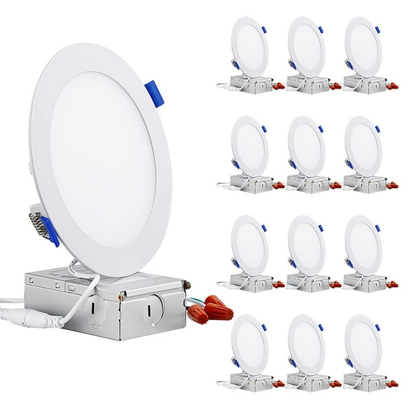 TORCHSTAR Basic Series 12-Pack 6 Inch Ultra-Thin LED Recessed Lighting with Junction Box, Aluminum, 3000K Warm White, 5%-100% Dimmable Slim Recessed Downlight, 12W 1000LM, ETL and Energy Star