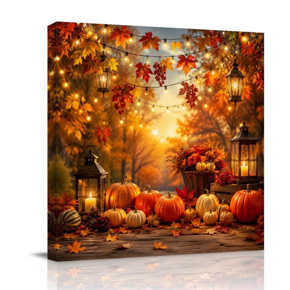 Canvas Wall Art, Pumpkins Fall Framed Canvas Prints for Bathroom Kitchen, Thanksgiving Maple Leaves Harvest Gallery Wrapped Wall Decor for Home Office, Gifts, 10"x10" Ship Next Day
