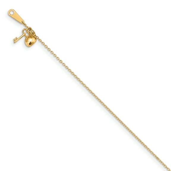 Primal Gold 14 Karat Yellow Gold Gold Heart and Key 9-inch Plus 1-inch Extension Anklet