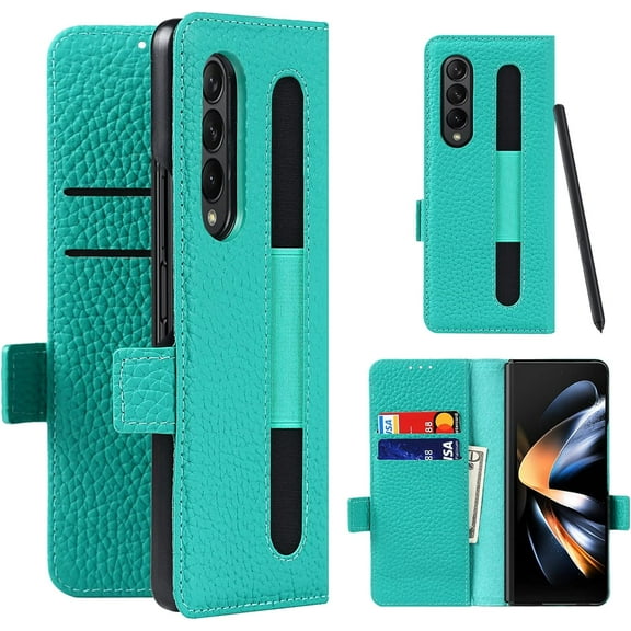 Compatible with Samsung Galaxy Z Fold 4 Wallet Case,Galaxy Z Fold 4 Case with S Pen Holder,Z Fold 4 5G Case with Card Slots Holder,Genuine Leather Flip Cover Case for Galaxy Z Fold4 (Green)