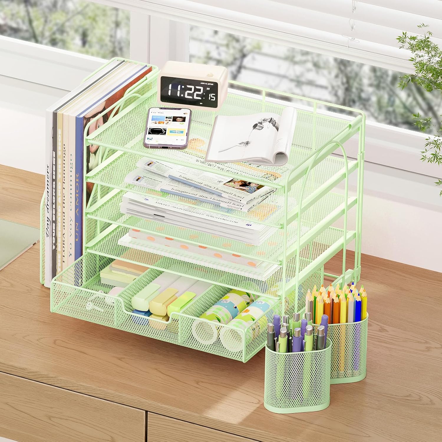 ThrottleT-Desk Organizers and Accessories with File Holder, 5-Tier Office Desk Accessories & Workspace Desktop Organizer with Drawer and 2 Pen Holder, File Paper Organizer for Office Supplies(Green)