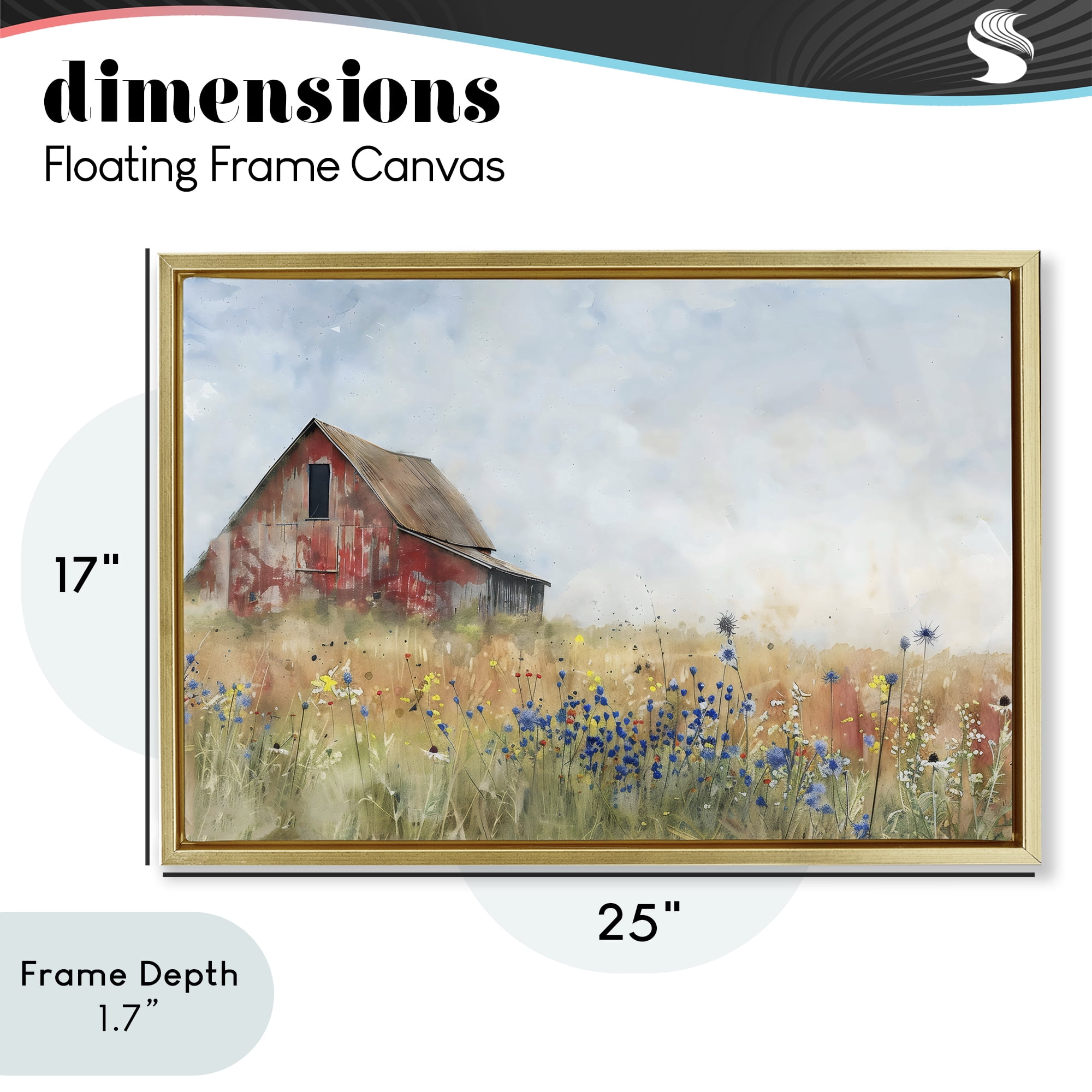 Stupell Industries Rustic Barn in Colorful Meadow Gold Framed Floater Canvas Wall Art, design by Creative Studio