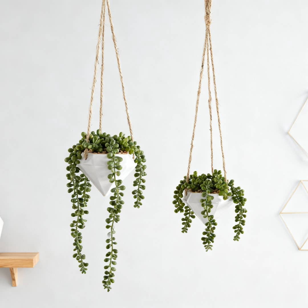 Flora Bunda CT1054E2-WH 6.75' & 4.5' Hanging Geo Planter  SET OF 2,White