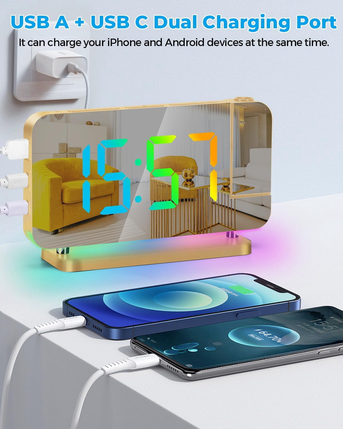 Wiher Projection Alarm Clock,7.4 in LED Mirror Digital Clocks Projection on Ceiling Wall,with RGB Night Light,USB C Charging Port,Auto Dimming,Modern Desk Clock for Bedroom Decor - Gold