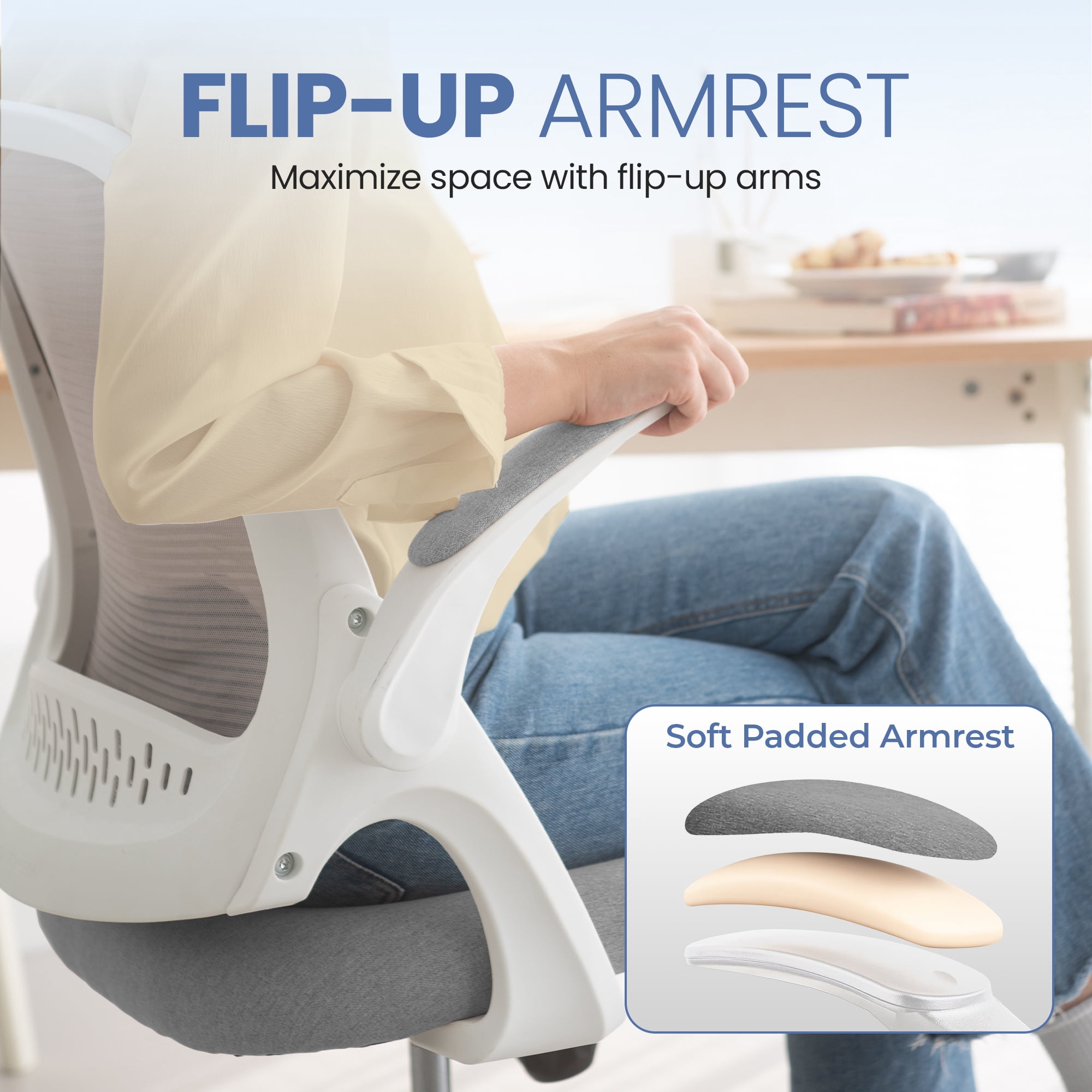 CELTOSS Ergonomic Office Chair, Flip-Up Arms, Adjustable Lumbar Support, Grey