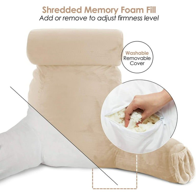 Back Pillow for Sitting in Bed Reading Pillow for Bed Adult Shredded Memory  Foam Back Support Sit Up Pillows with Arms and Pockets, Perfect for Adults