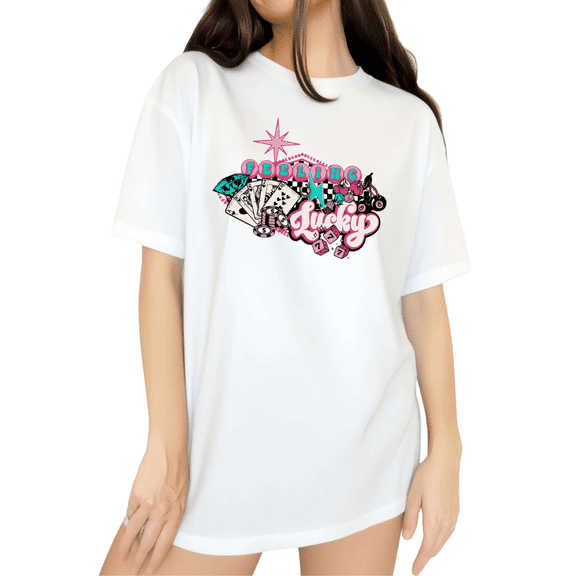 Cozymy Women's White Feeling Lucky T-Shirts Retro Y2K Casino Dice and Cards Print Short Sleeve Tops