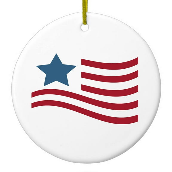 DistinctInk Hanging Ceramic Christmass Tree Ornament with Gold String - Great Gift / Present - 2 3/4 inch diameter - USA Waving Flag Red White & Blue