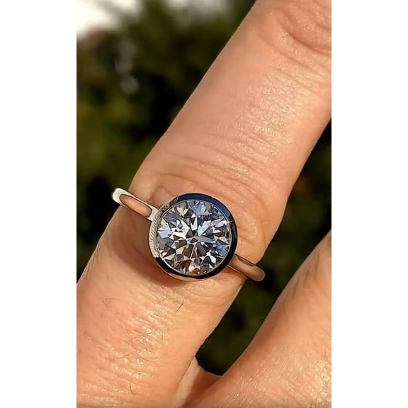 Solitaire Brilliance 2CT Round Cut Moissanite Bezel Set Engagement Ring 10K White Gold, Ring Size 4