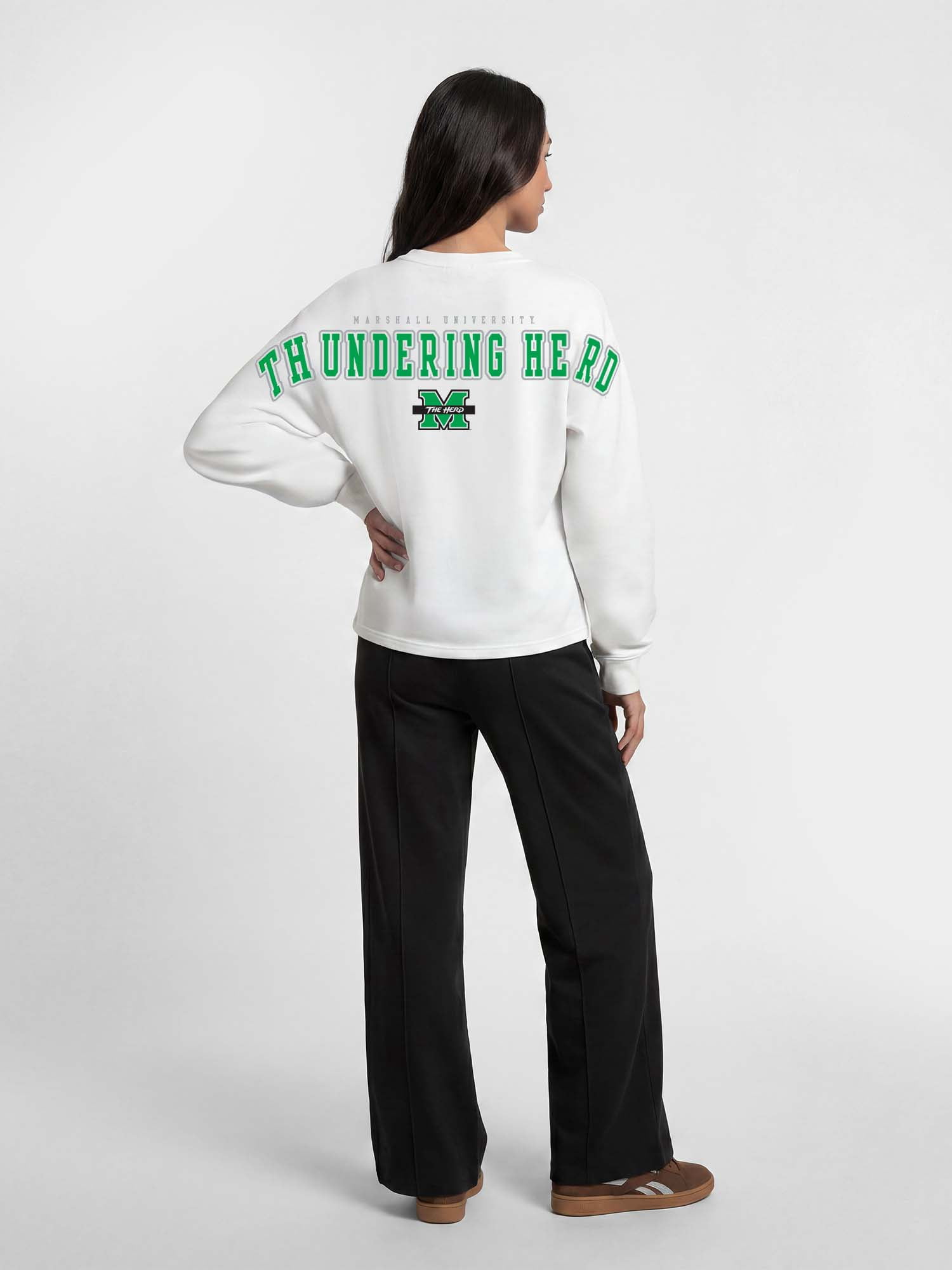 Marshall Thundering Herd Reebok Womens White Heavyweight Cotton Long Sleeve Pullover