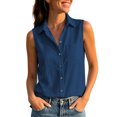 thumbnail image 3 of Women's Sleeveless Button Down Collared V Neck Blouse With Chest Pocket Solid Color Tank Top Casual Summer Work Office Outfits | CSEONE,Navy L, 3 of 9
