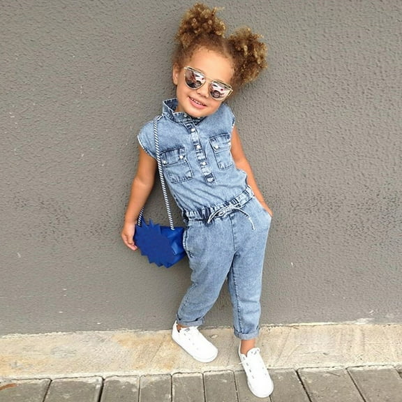 Toddler Girls Sleeveless Solid 1 Pieces Romper Kids Denim Jumpsuit Clothes