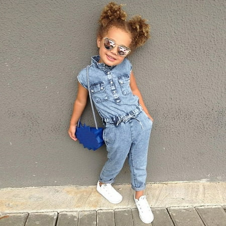 

dmqupv 6 Month Baby Girl Clothes Toddler Girls Sleeveless Solid 1 Pieces Romper Kids Denim Jumpsuit Baby Girl Chicken Romper Blue 4-5 Years