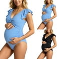 thumbnail image 1 of Gyexs Ruffle Ribbed Maternity Swimsuit One Piece High Waisted Pregnancy Bathing Suits Push Up Swimwear #02 Sky Blue, Size XL, 1 of 6