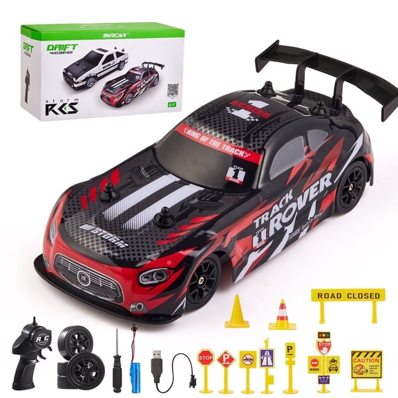 Lilian&Gema 1:24 Scale RC Drift Car, 4WD Remote Control Car for Kids Adults, 20KM/H High Speed Racing Vehicle with 2 Batteries, RC Cars Racing Sport Toy for Boys Girls, Red