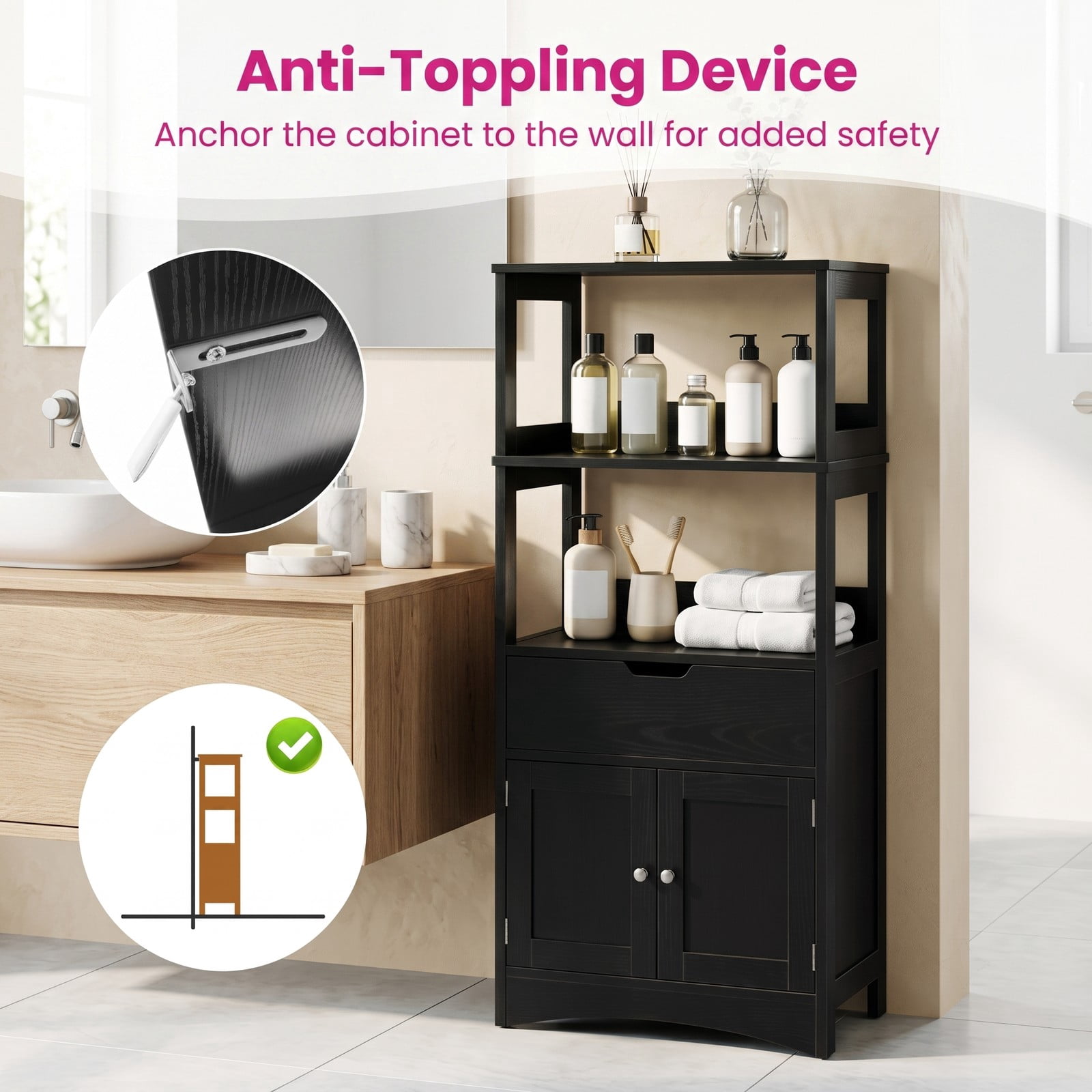 ALPULON Bathroom Storage Cabinet with Drawer and Shelf, Freestanding Floor Cabinet, Waterproof MDF Organizer for Bathroom Bedroom Entryway Living Room, Anti-Tip, Black