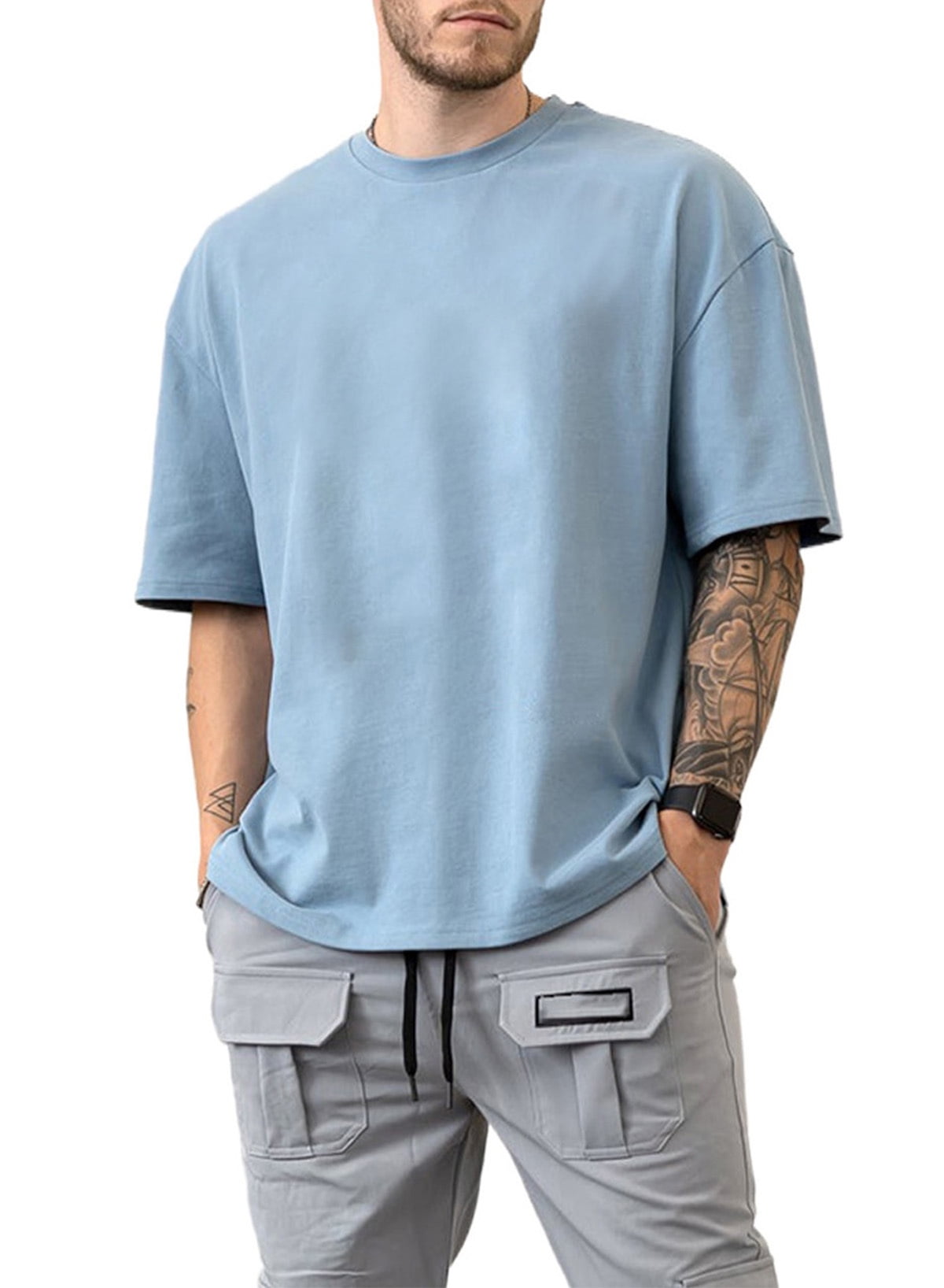 Sidefeel Men Oversized Dropped Shoulder Tee Fashion Solid Color Crew Neck  Half Sleeve T-Shirt Tops S-2XL
