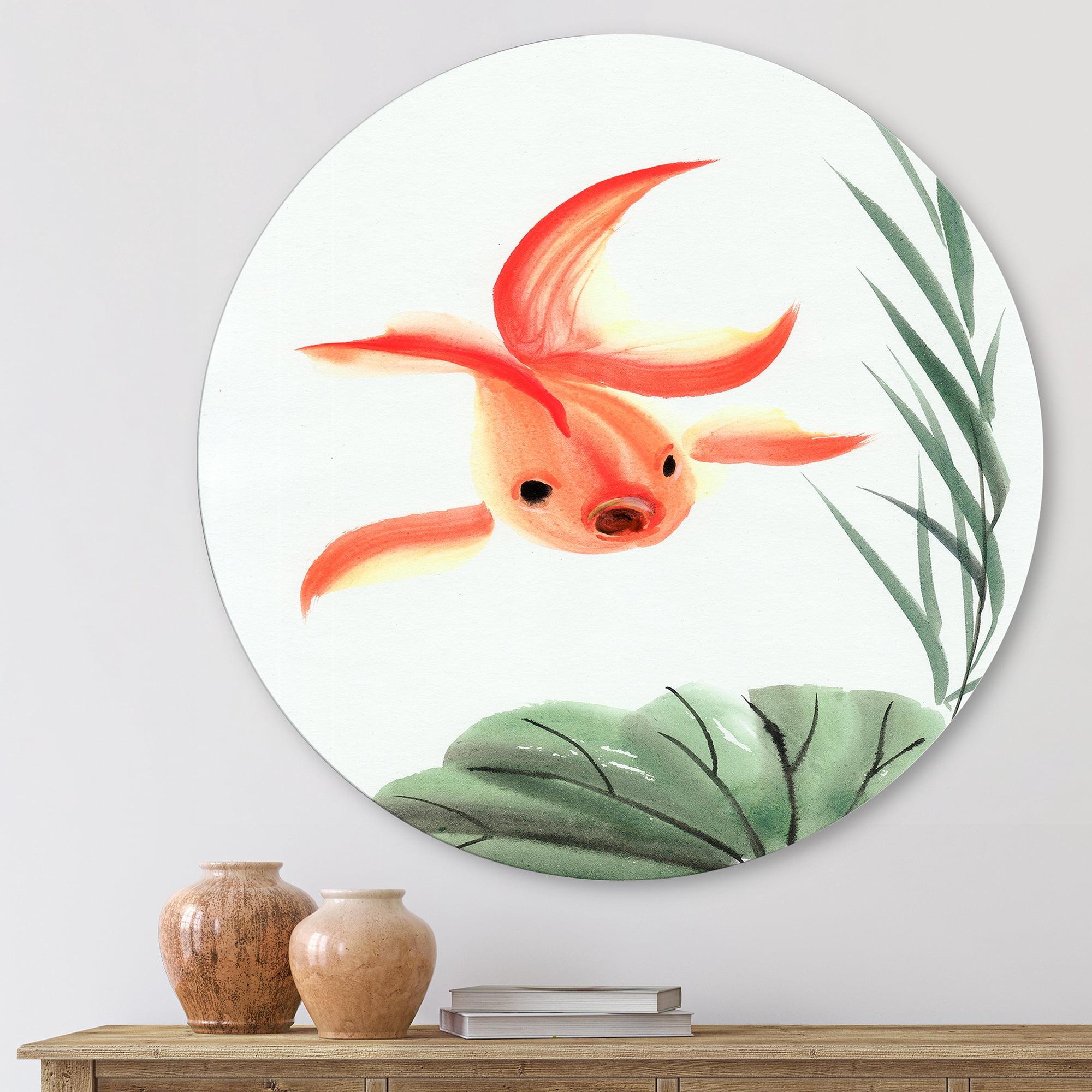 Designart 'Ancient Goldfish and The Lotus Leaf' Nautical & Coastal Circle Metal Wall Art 23x23 - Disc of 23