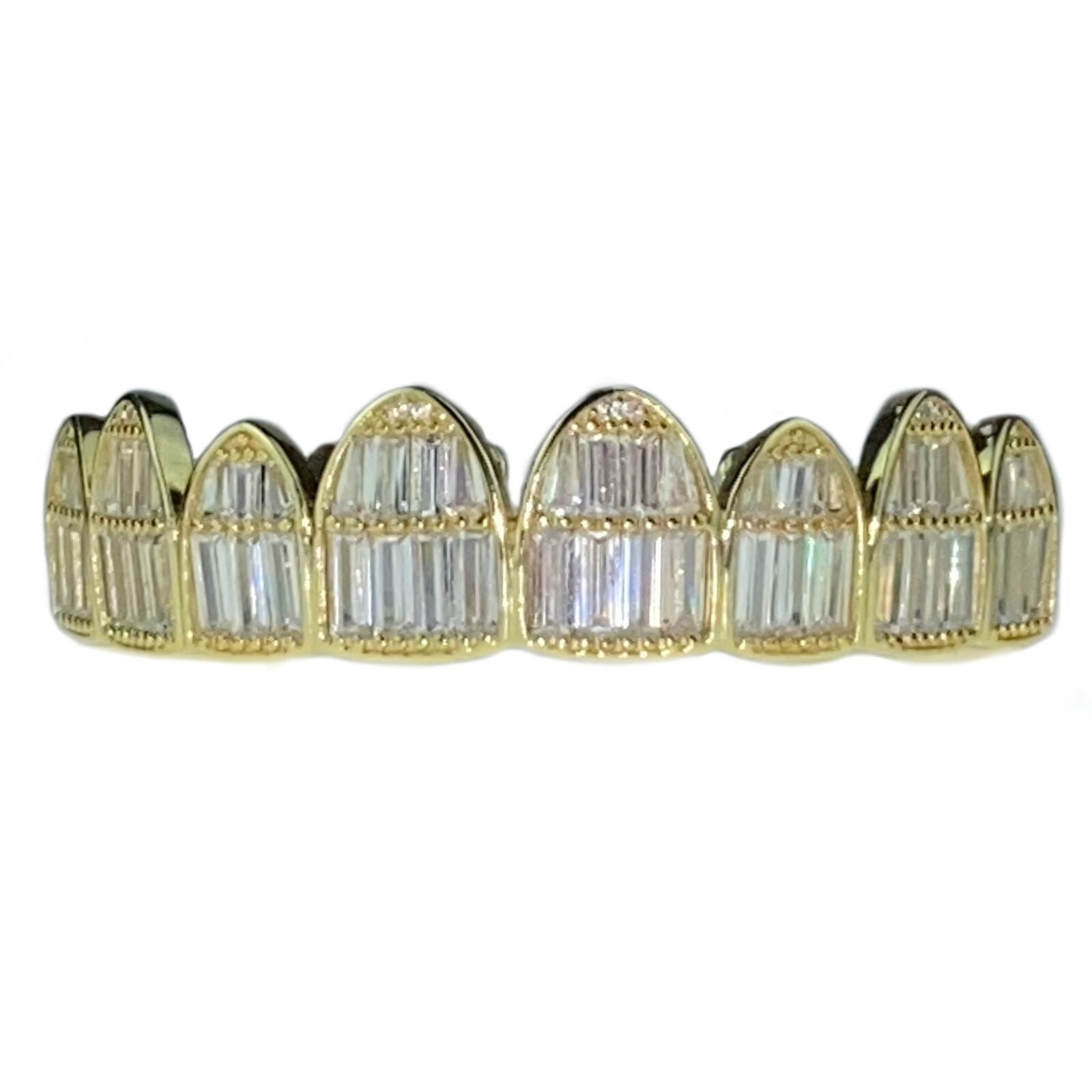 Real 925 Silver 14k Gold Finish ICED Baguette Diamond GRILLZ Teeth Fronts Grills 