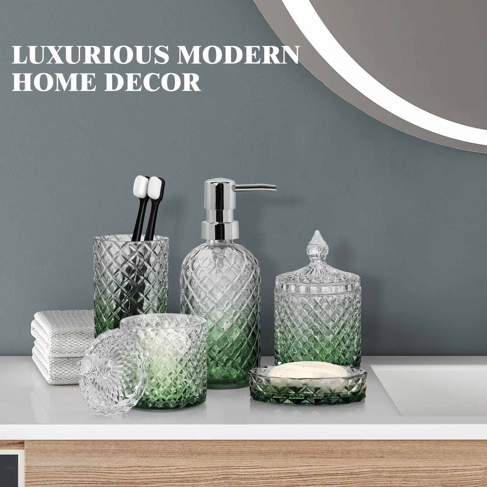 Vertical Line Glass Soap Dispenser Set, Rust-Proof Pump, Thickened Modern Bathroom Accessories for Countertop Organization & Stylish Home Decor
